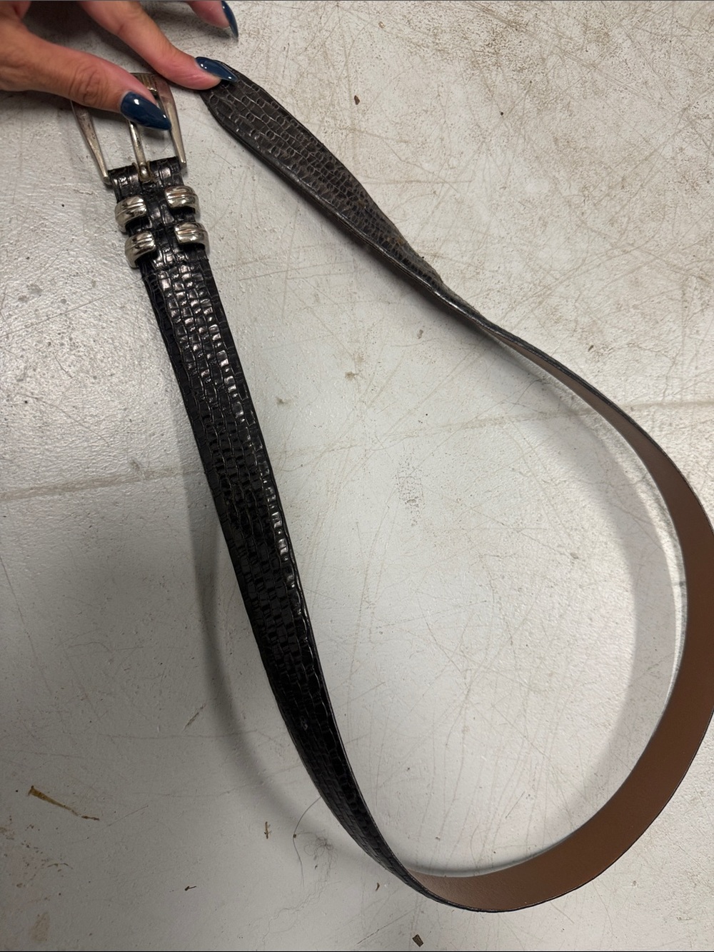 Black Croc-Embossed Leather Belt - Silver Hardware - 5 Belt Holes